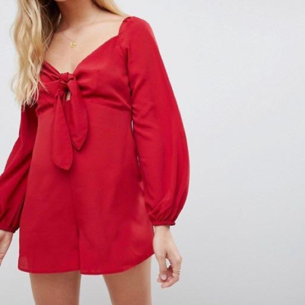 Asos Red Peasant Sleeve Tie-Front Romper